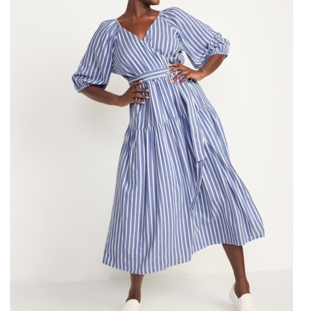 Old Navy Blue and White Vertical-Stripe Wrap Midi Dress